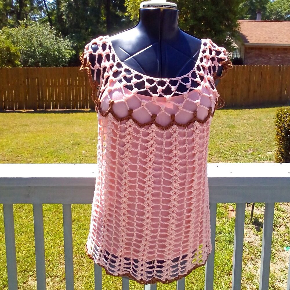 Handed Crafted Summer Tunic Top,  Color Peach and Brown, Size Large.